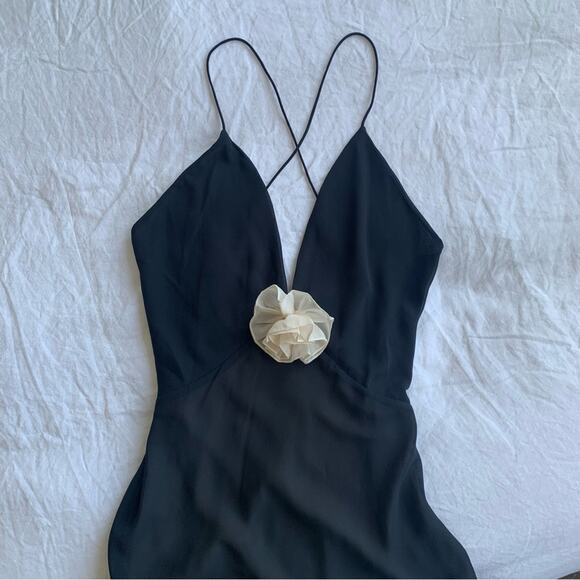 Helsa Sheer Deep V Long Maxi Slip Rosette Open Back Dress Black Revolve - Picture 13 of 16